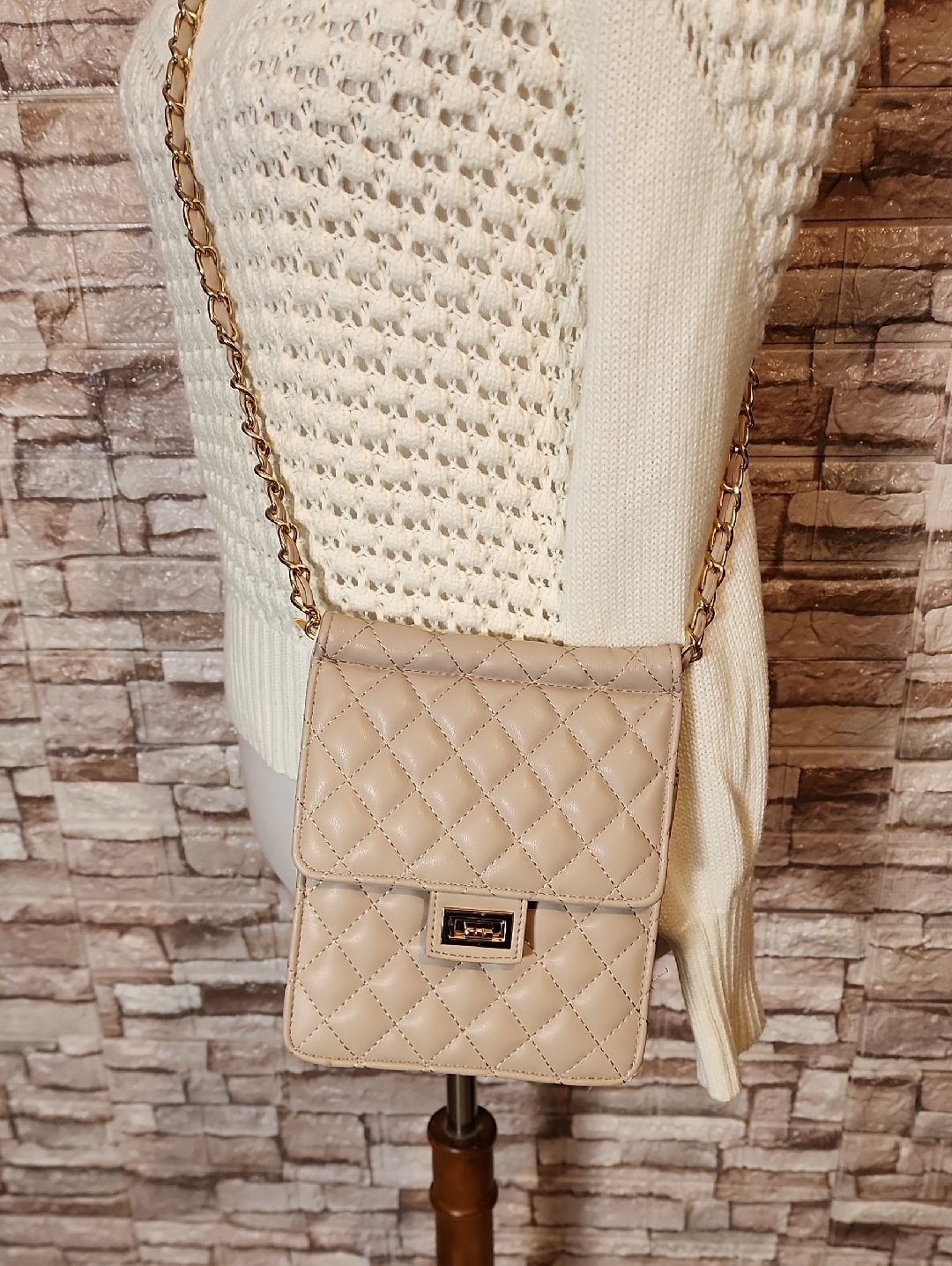 Urban Expresion Quilted Tan Crossbody Bag With Gold Chain Vegan Approved